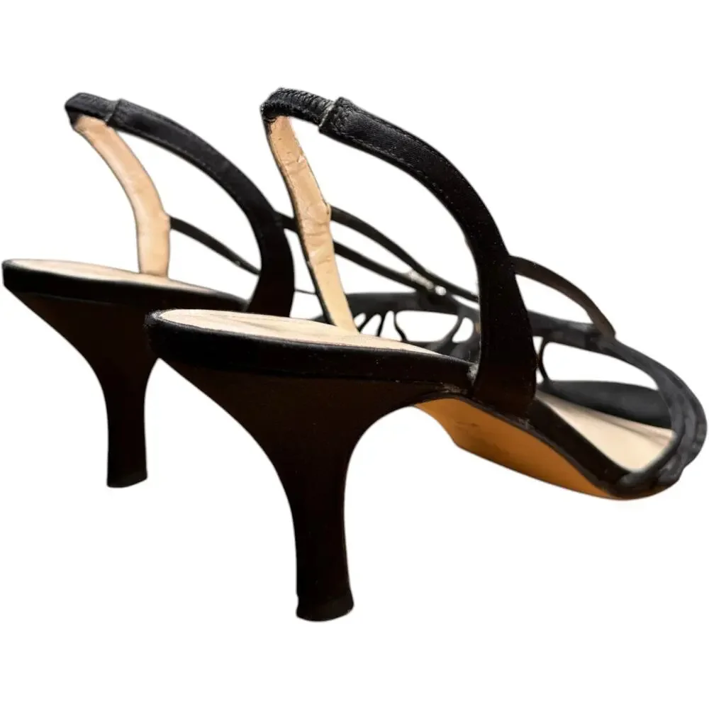 CAPARROS 9M Black Satin Formal Sandal Multu Strap Cage Central Rhinestone